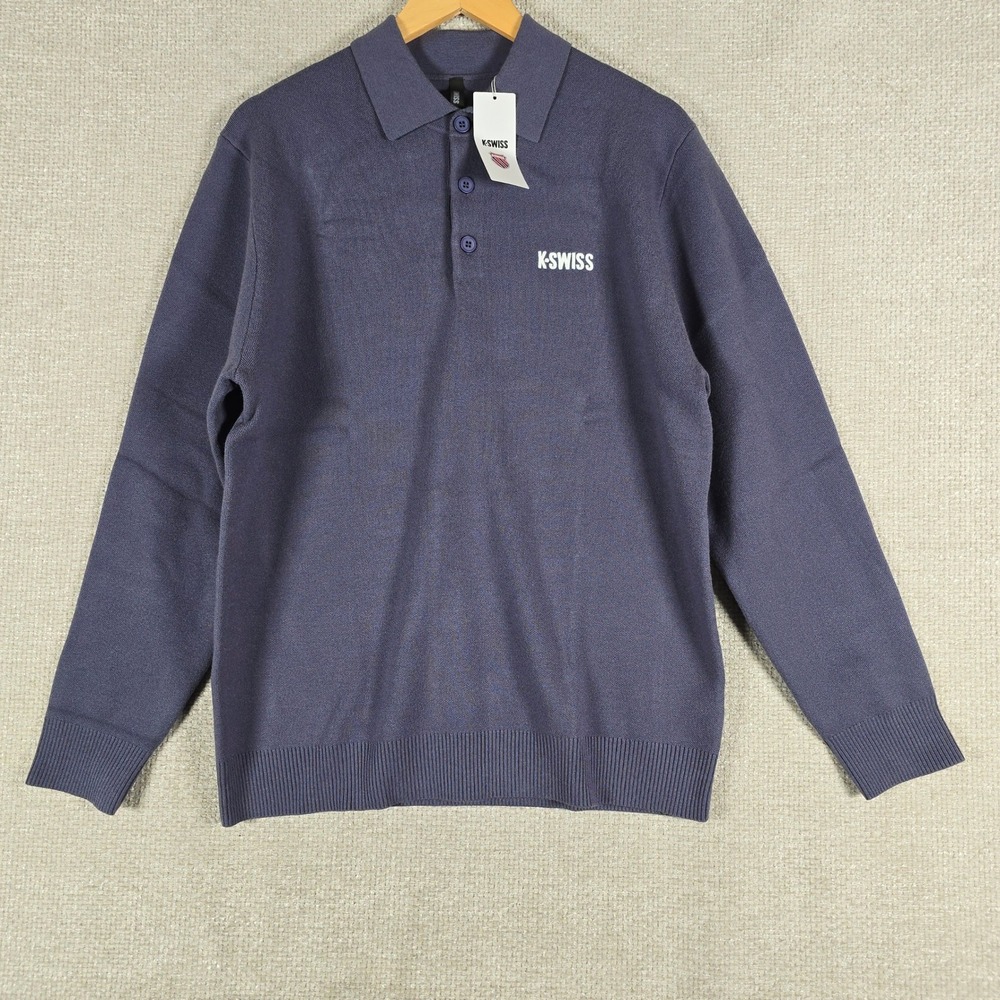 K-Swiss Mens‎ Long Sleeve Polo Sweater Purple Knit Big Logo Sz M NWT